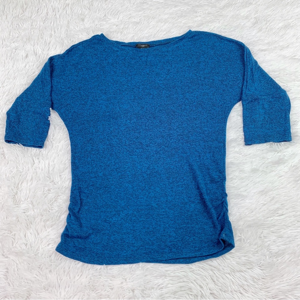 Ann Taylor 3/4 sleeve side ruched marled sweater boat neck in‎ blue